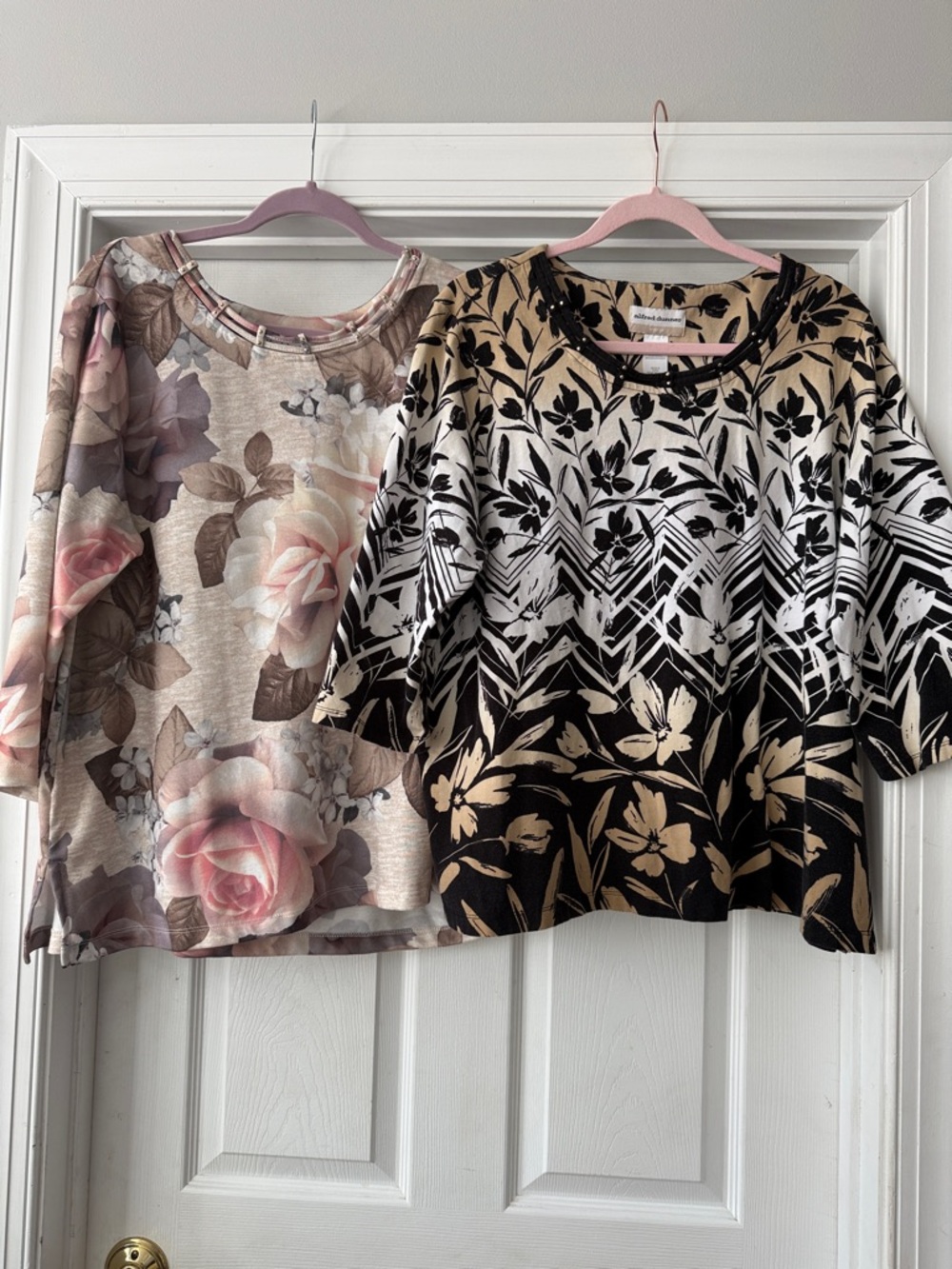 Alfred Dunner Beige Top with Pink Rose Floral Print and Black/Brown floral top